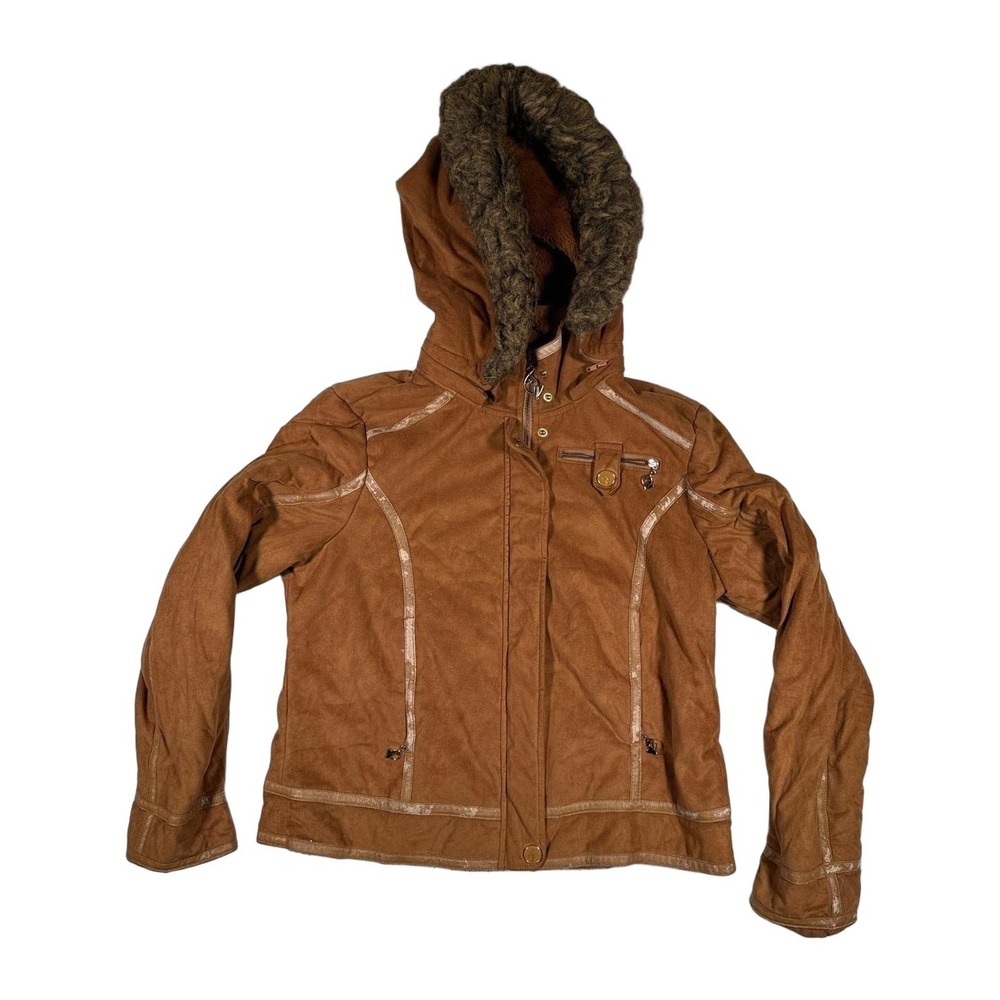 Baby Phat Faux Suede Hooded Jacket Brown Fur Trim Zipper Pockets XL